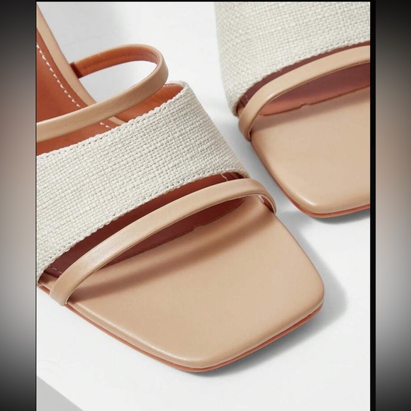 Cognac brown and cream canvas open toe strappy heels - Picture 4 of 7